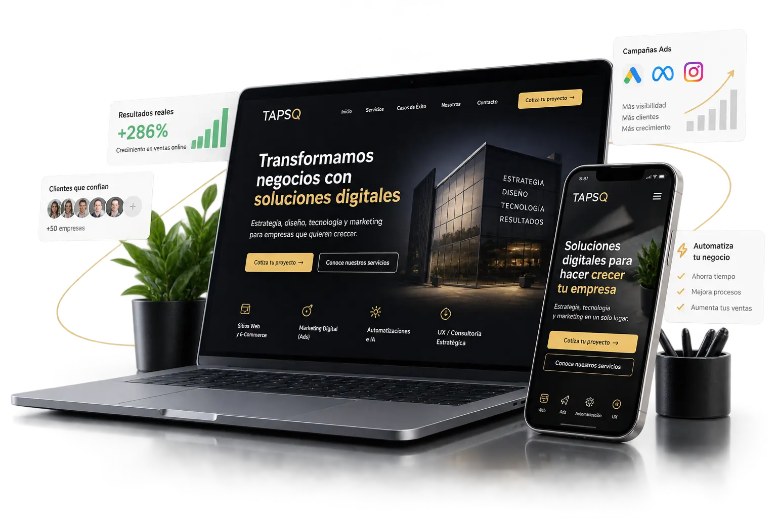 TAPSQ: soluciones digitales, campañas, automatización y resultados mostrados en notebook y móvil